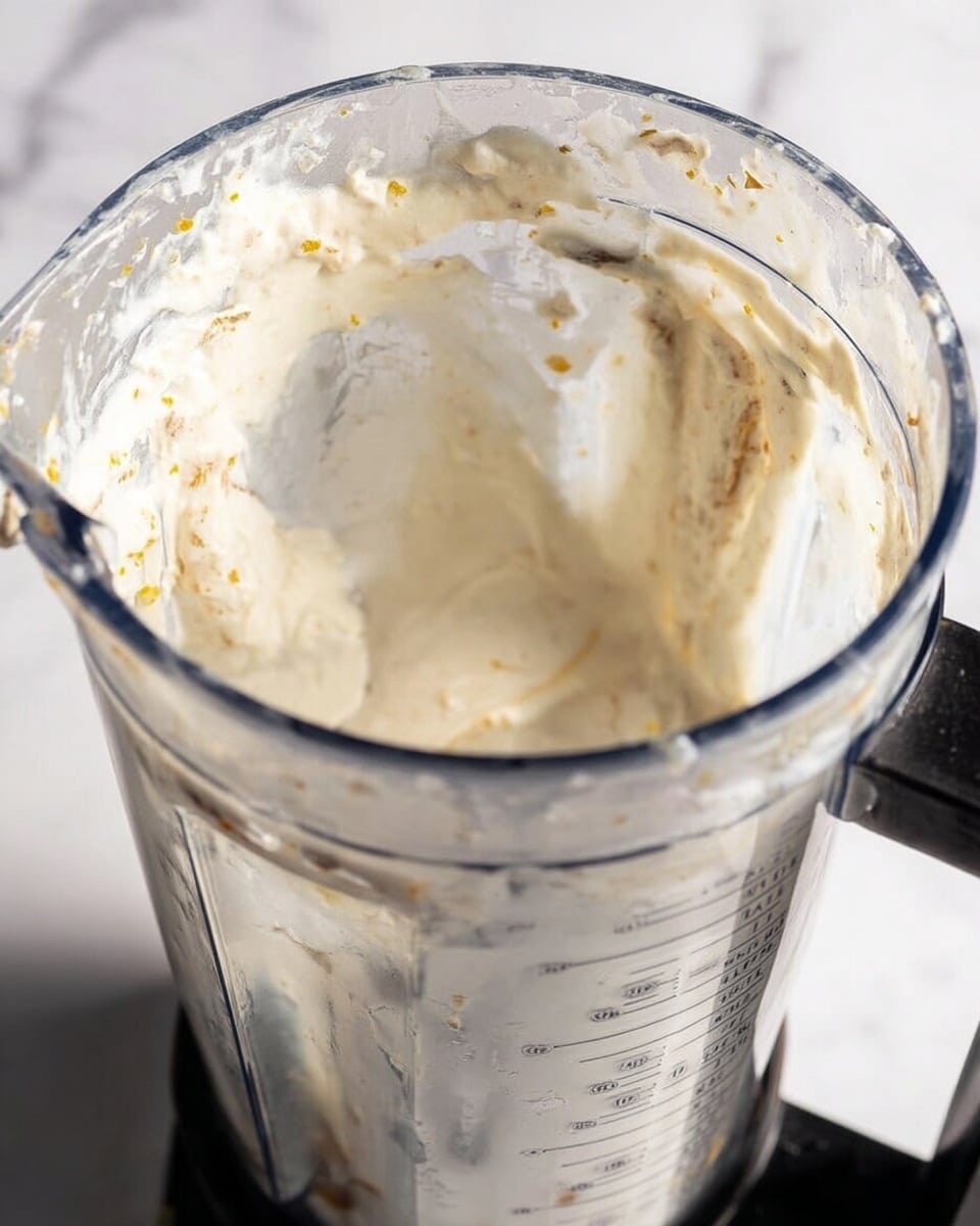 A close-up shot of a blender filled with a thick, creamy white mixture with small bits of yellow and light brown visible through the transparent plastic container. The mixture clings to the sides, showing uneven texture with some smooth and some chunky parts. The blender container has measurement lines and a black handle on the right side, set against a white marbled surface. photo taken with an iphone --ar 4:5 --v 7
