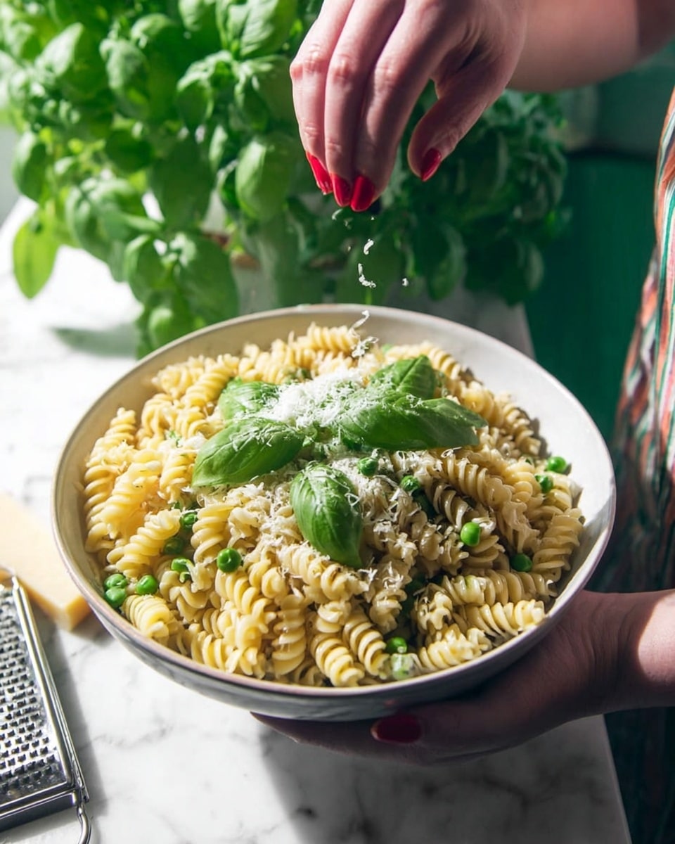 A white bowl filled with rotini pasta tossed in a creamy white sauce, topped with scattered bright green basil leaves and sprinkled with finely grated white cheese, placed on a beige cloth napkin. The scene includes a large silver spoon to the left of the bowl and a wedge of Parmesan cheese on the bottom right. The background is a white marbled surface with fresh basil leaves in the top corners, and a stack of white plates with a napkin and fork is visible on the right side. The overall colors are soft greens, whites, and natural tones, with clear daylight lighting and a clean, fresh look. photo taken with an iphone --ar 4:5 --v 7