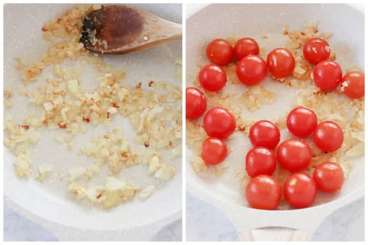 The image shows two white pans on a white marbled surface. The left pan contains a layer of small pieces of light brown cooked onions and minced garlic, with a wooden spoon resting on top. The right pan has the same cooked onions and garlic as the base layer, topped with a layer of bright red whole cherry tomatoes spread out evenly. Photo taken with an iphone --ar 4:5 --v 7