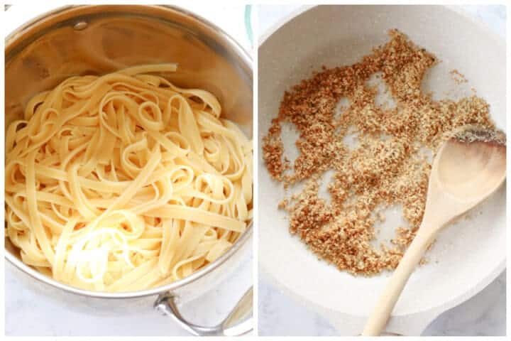 The image on the left shows a silver pot filled with pale yellow cooked fettuccine noodles that are smooth and slightly shiny, loosely piled inside the pot with some noodles overlapping each other. The image on the right shows a white pan with golden brown toasted breadcrumbs spread unevenly over the surface, with a light wooden spoon resting on the right side, slightly covered by some breadcrumbs. Both images have a white marbled surface underneath, and the lighting is bright and natural. photo taken with an iphone --ar 4:5 --v 7