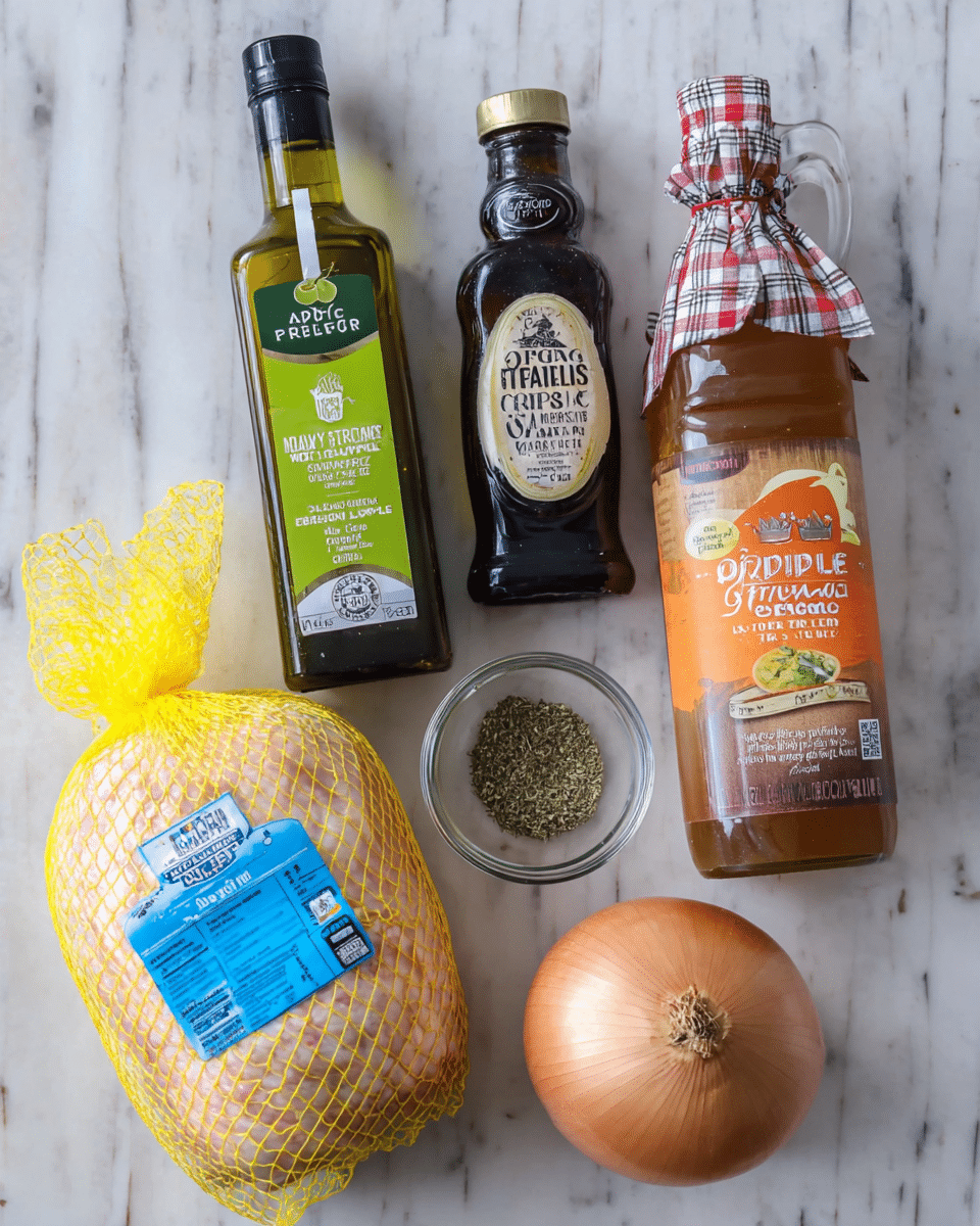 The image shows a collection of cooking ingredients on a white marbled surface. There is a packaged turkey roast wrapped in a yellow netting and a blue label in the bottom left, next to two small glass bowls, one with green dried herbs and the other with salt and pepper. Above these is a bottle of extra virgin olive oil with a green label on the left side and a bottle of dark maple syrup with an orange label on the right. To the right of the turkey is a large bottle of apple cider with a white plaid label. Below the apple cider, there is a whole brown onion with its outer skin and root end intact. Photo taken with an iphone --ar 4:5 --v 7
