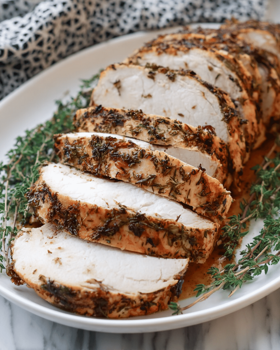 The image shows a white plate with a sliced roasted meat on it. The meat has several thick layers, each layer white inside and golden-brown on the outside, with dark brown and green herbs sprinkled on top. The slices are arranged side by side, slightly overlapping each other from the front to the back of the plate. Some green thyme sprigs are placed around the meat on the plate. The plate sits on a white marbled surface, with a patterned cloth blurred in the background. photo taken with an iphone --ar 4:5 --v 7