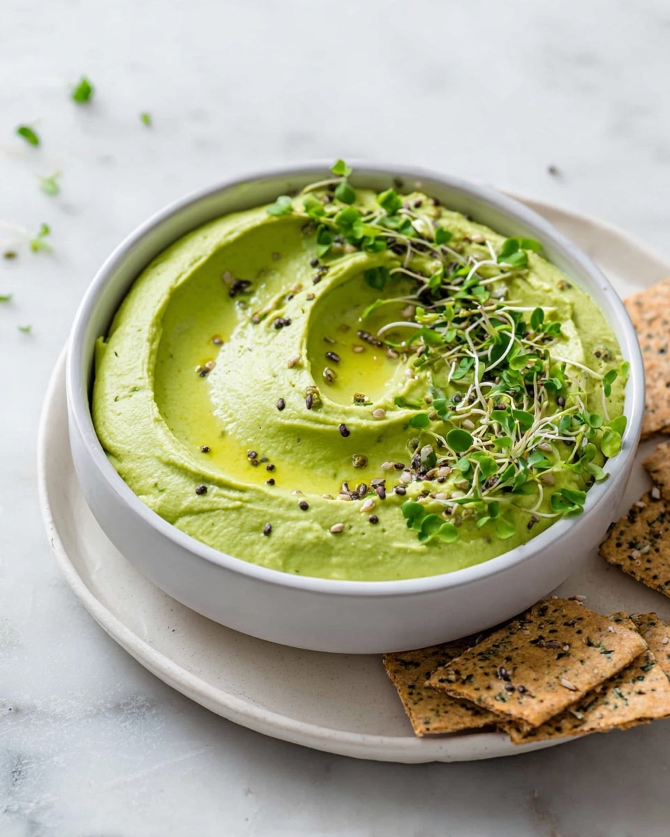 A white bowl filled with a smooth, bright green hummus that has soft, curved swirls on the surface. The hummus is topped with a drizzle of light olive oil, tiny dark seeds, and small green microgreens scattered across the top. The bowl sits on a white plate with a few square seed crackers partially tucked under the bowl on a white marbled surface, with some stray microgreens on the plate nearby. Photo taken with an iphone --ar 4:5 --v 7