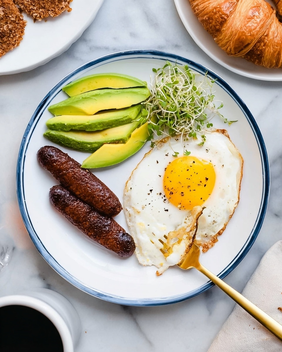 A white plate with a blue rim holds a breakfast with four parts: two dark brown sausage-like pieces on the top left, three slices of bright green avocado with a soft texture on the lower left, a sunny-side-up fried egg with a bright yellow yolk and slightly crispy white on the right side sprinkled with black pepper, and a small bunch of light green sprouts above the egg. A gold fork lies across the bottom right of the plate, resting partly on the egg white. The plate is placed on a white marbled surface, with a woman's hand lightly touching the fork. Nearby, parts of a white bowl with dark liquid and white plates with foods like a croissant and crumbled brown bits are visible. Photo taken with an iphone --ar 4:5 --v 7