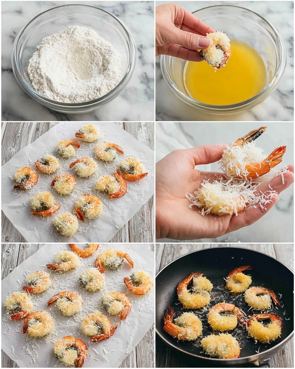 The collage shows the process of making crispy fried shrimp in six images. The first image presents raw shrimp covered in a white flour layer inside a clear glass bowl on a white marbled surface. The second image shows a woman's hand dipping the floured shrimp into a yellow beaten egg mixture in a glass bowl. The third image captures a woman's hand holding shrimp coated in white shredded coconut over a glass bowl filled with shredded coconut. The fourth image displays many shrimp coated with shredded coconut arranged in rows on white parchment paper. The fifth image shows shrimp with tails exposed frying in hot oil inside a black frying pan, the shrimp are mostly white with some pink from the shells. The final image reveals the shrimp fully cooked, golden brown and crispy inside the same frying pan, still sizzling in oil. Photo taken with an iphone --ar 4:5 --v 7
