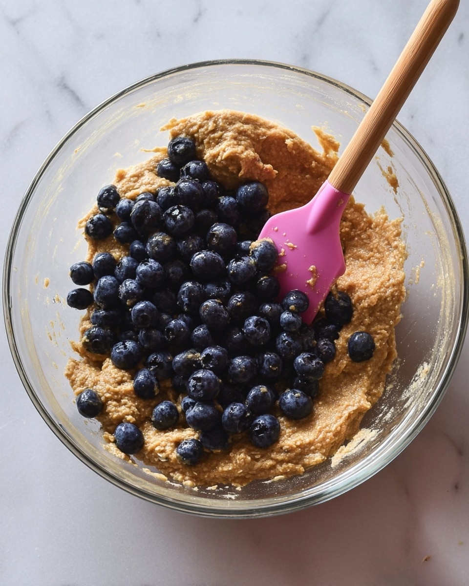 A clear glass bowl holds a thick, light brown batter with a slightly rough texture, likely mixed with oats. On top of the batter, there is a heap of fresh, round dark blue blueberries scattered unevenly. A pink spatula with a wooden handle is partially stuck in the batter underneath some blueberries, resting near the right edge of the bowl. The bowl is placed on a surface with white marbled texture. photo taken with an iphone --ar 4:5 --v 7