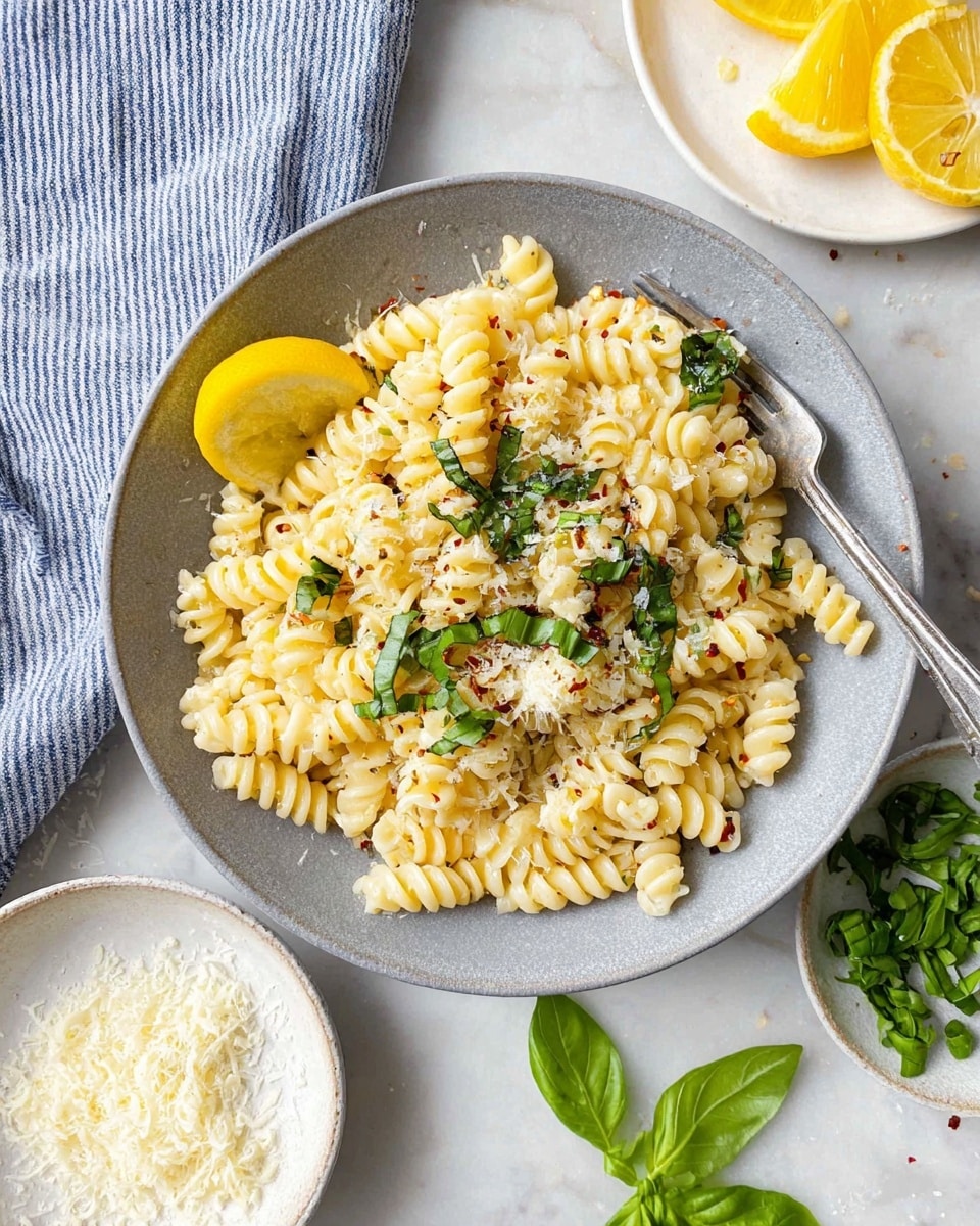 A close-up of a white bowl filled with creamy rotini pasta, coated in a light sauce with specks of black pepper and chili flakes, showing its soft texture. On the right side of the pasta, there is a small pile of thinly sliced green basil leaves. A bright yellow lemon wedge rests on the upper left edge of the pasta. A vintage silver fork sits inside the bowl on the left side, partially holding some pasta. The bowl is placed on a white marbled surface with a small white dish of grated cheese near the bottom left corner and a blue and white striped cloth napkin partially visible at the bottom right. Photo taken with an iphone --ar 4:5 --v 7