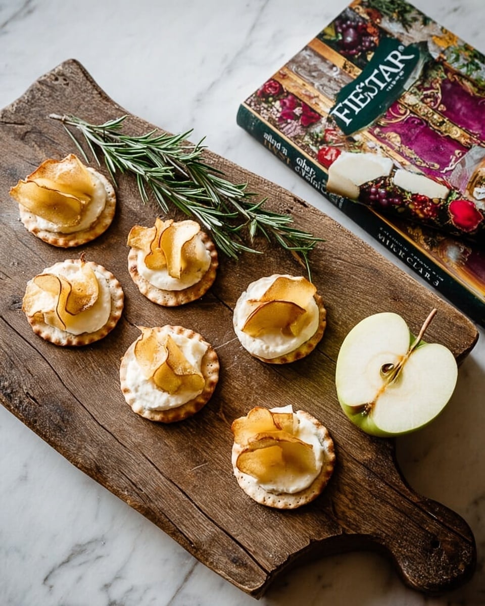 A rustic wooden board holds six small round crackers topped with a layer of smooth white cheese and thin, slightly curled golden apple slices on each one. In the center of the board, a fresh green sprig of rosemary adds a contrasting color. To the right, there is an apple sliced in half, showing its light creamy interior and seeds. Nearby, a colorful cookbook with a festive cover rests on the same wooden board. The whole scene is set on a white marbled surface. photo taken with an iphone --ar 4:5 --v 7