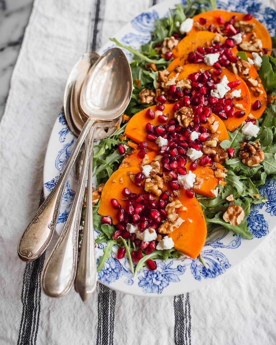 A white oval plate with blue floral patterns holds a fresh salad with three main layers: a base of green arugula leaves, a middle layer of bright orange persimmon slices spread evenly, and a topping of red pomegranate seeds scattered all over. Small white cheese crumbles and walnut pieces are sprinkled between the persimmon and pomegranate layers. Two vintage silver serving spoons rest crossed on the left side of the plate against a white fabric with dark stripes underneath. The background is a white marbled texture. Photo taken with an iphone --ar 4:5 --v 7