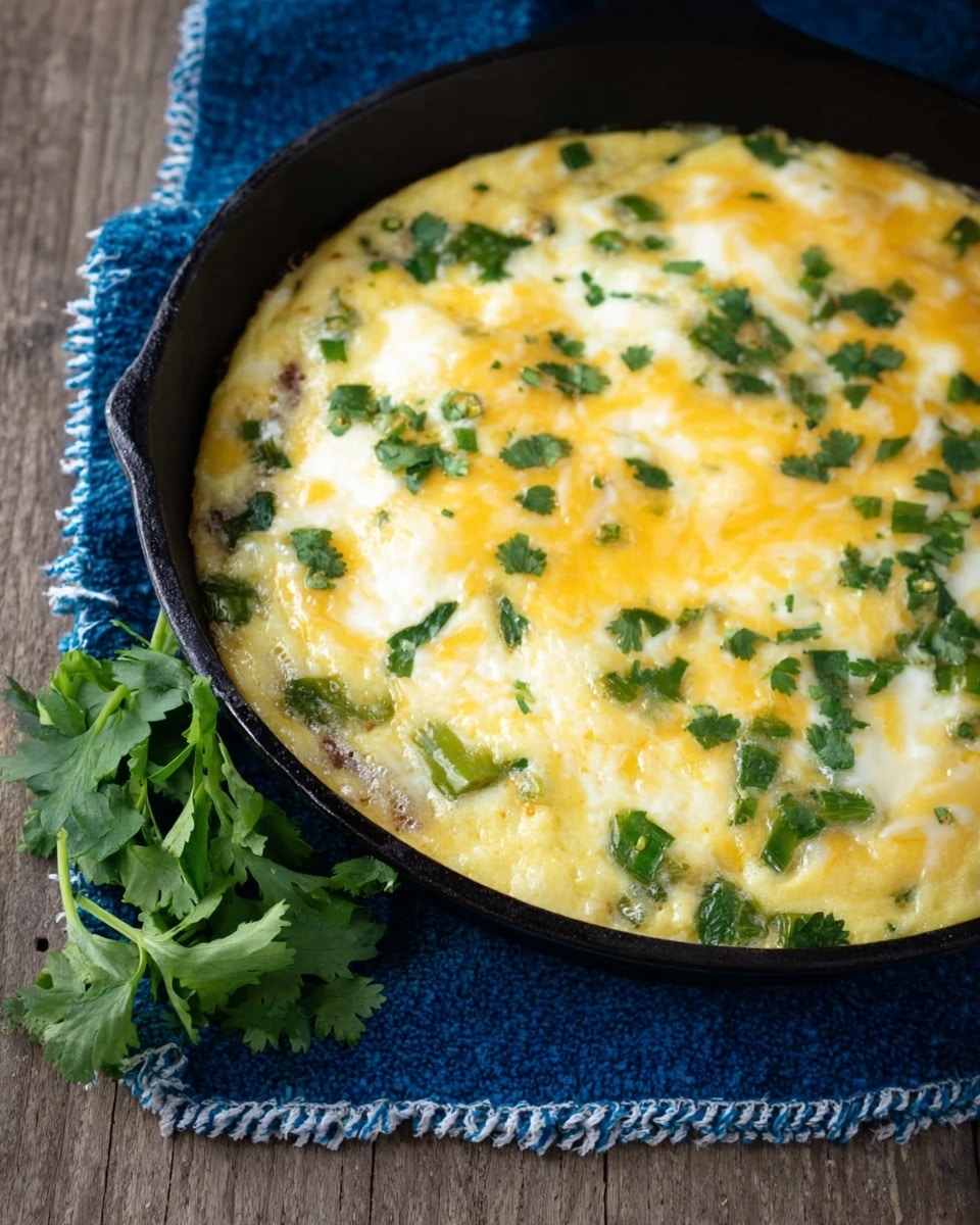 A close-up view of a creamy yellow egg dish cooked in a black cast iron skillet. The top layer is soft and slightly bubbly egg with melted cheese giving a smooth and shiny texture. Scattered across the surface are bright green chopped herbs, likely cilantro, and some longer green chili slices adding contrast. A small bunch of fresh cilantro with green stems sits at the edge of the skillet. The skillet rests on a folded blue cloth with white fringes, placed on a wooden surface, all seen from above. The texture of the eggs looks soft and fluffy but set, with bits of browned vegetables visible underneath the surface. Photo taken with an iphone --ar 4:5 --v 7