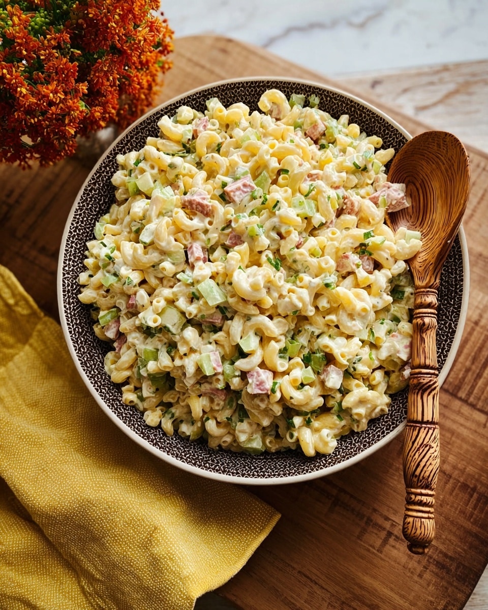 The image shows a large bowl filled with creamy macaroni salad, with three main visible layers of ingredients. The base layer is small, pale yellow elbow macaroni, coated evenly with a light creamy dressing. Mixed in throughout are small cubes of yellow cheddar cheese and pale pink meat pieces, providing cushioned spots of color. Finely chopped bits of green celery and dark green herbs are scattered evenly, adding fresh green specks. The bowl is white with a dark textured rim, placed on a white marbled surface with a yellow cloth and wooden board underneath it. A wooden spoon with a patterned handle rests inside the bowl on the right side. Photo taken with an iphone --ar 4:5 --v 7