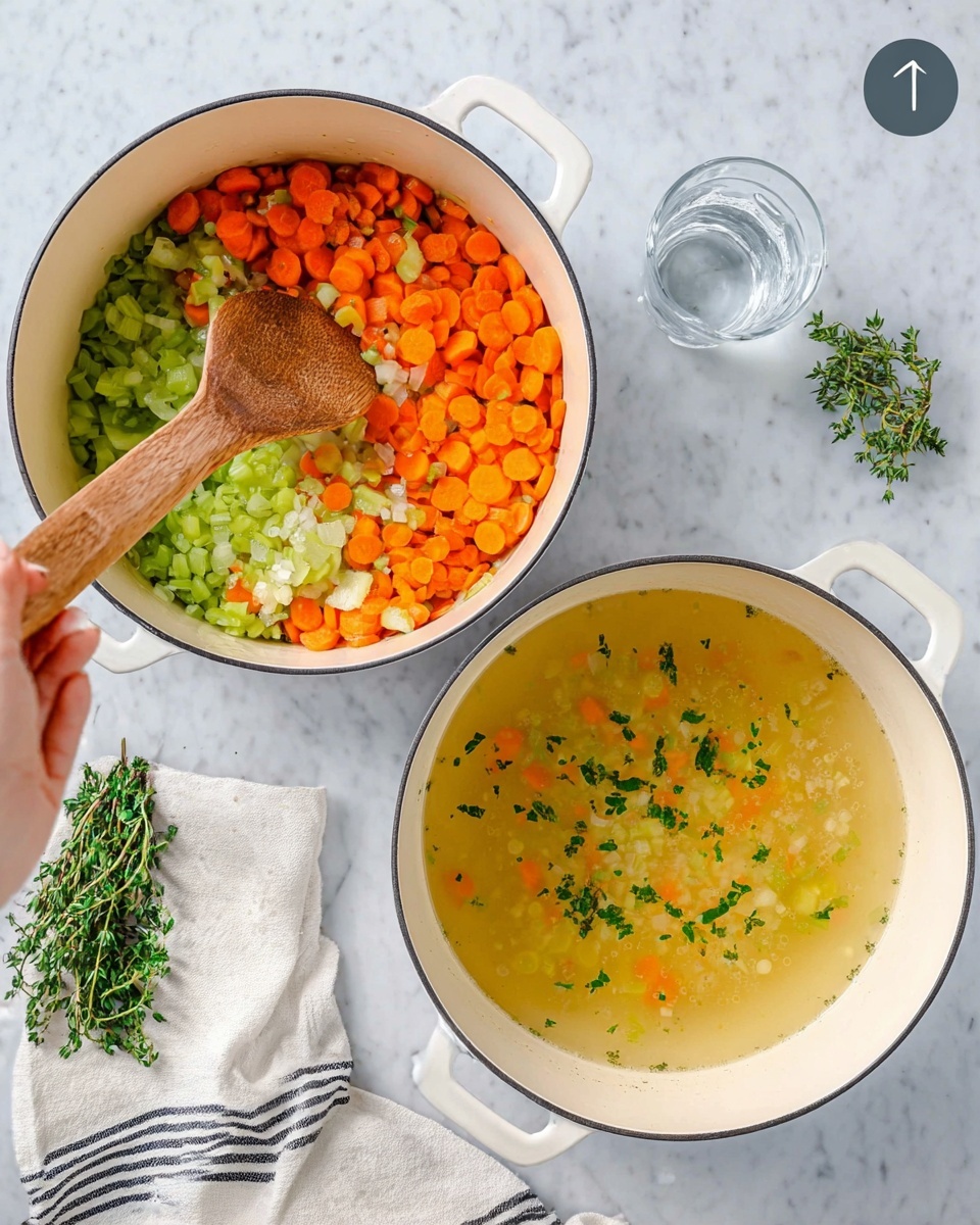 Turkey Orzo Soup Recipe 4 The image shows two white pots on a white marbled surface. In the first pot, there are three layers of vegetables: bright orange carrot slices, light green celery pieces, and pale onion bits mixed together, being stirred with a wooden spoon held by a woman's hand that is pouring clear liquid into the pot from a small clear glass. The second pot shows a light yellow broth with small chopped vegetables floating inside, including green herbs sprinkled on top, creating a fresh look. Nearby, a white cloth with black stripes sits next to the pots, and green herb sprigs rest on the marbled surface in the background. Photo taken with an iphone --ar 4:5 --v 7