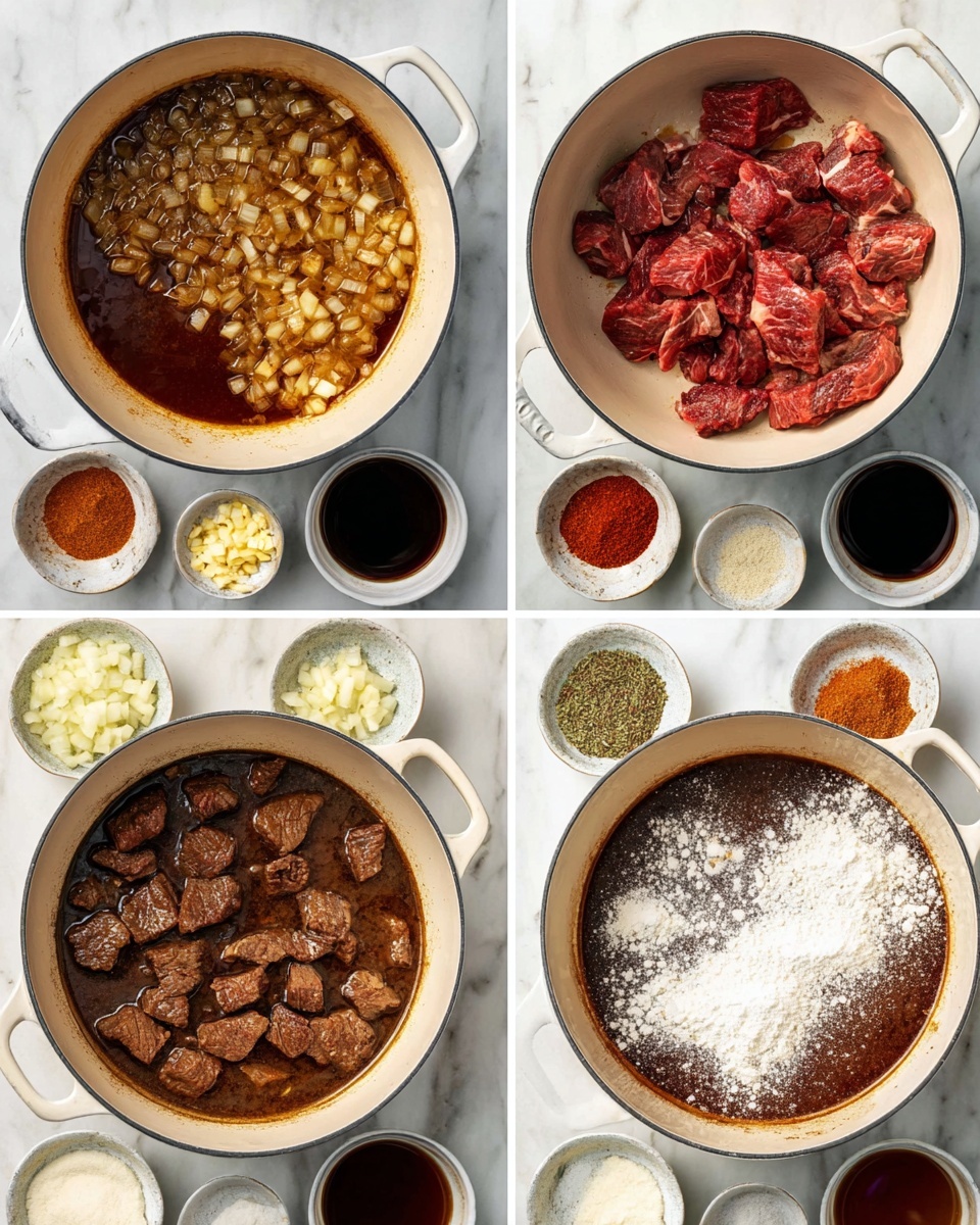 A white pot with two large pieces of browned steak cooking in oil forms the base layer, resting on a white marbled surface with small bowls of chopped onions and raw steak pieces nearby. The next image shows the same pot with cooked small browned onion pieces and six piles of different spices on top: light brown, dark reddish-brown, bright red, orange-red, minced pale yellow garlic, and greenish dried herbs. The third shows the pot filled with cubed steak pieces partially cooked, sitting in a thin layer of brown liquid with small bowls of dark liquid and white flour on the side. The last image presents the pot filled with rich dark brown stew with tender steak pieces topped by scattered white flour dusting, creating a layered texture on the stew’s surface, all placed on the same white marbled background. photo taken with an iphone --ar 4:5 --v 7