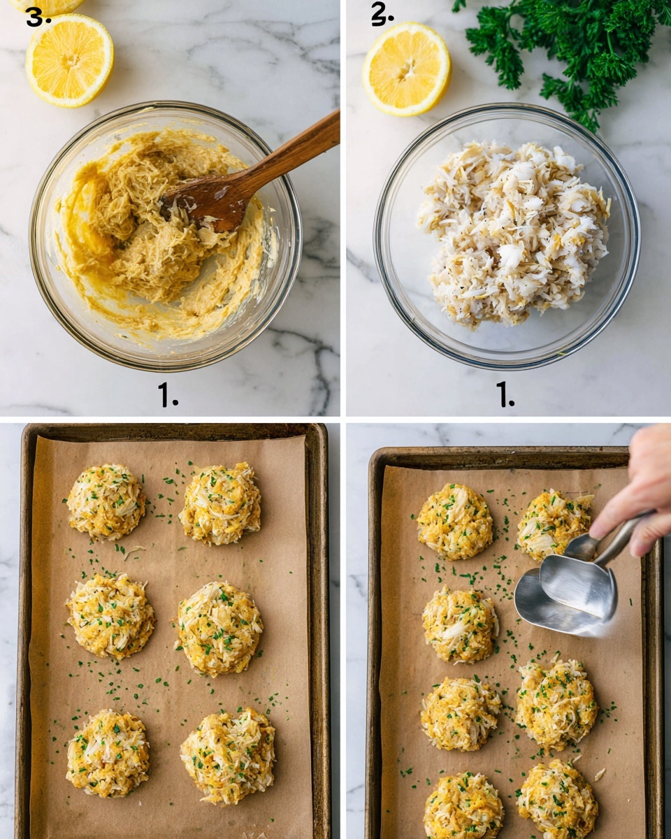 Four-step collage showing the making of crab cakes on a white marbled surface. In the first step, a transparent glass bowl holds a yellowish, mixed batter with a wooden spoon next to it, lemon slices and parsley in the background. The second step shows the same bowl with white crab meat mixed into the batter, making it chunky and textured. In the third step, six uncooked crab patties are shaped on a baking tray lined with brown parchment paper, and a woman's hand is using a metal scoop to place more mixture on the tray. The fourth step shows six golden-crab cakes baked and garnished with small green herb pieces, still on the same parchment paper-lined tray. Photo taken with an iphone --ar 4:5 --v 7