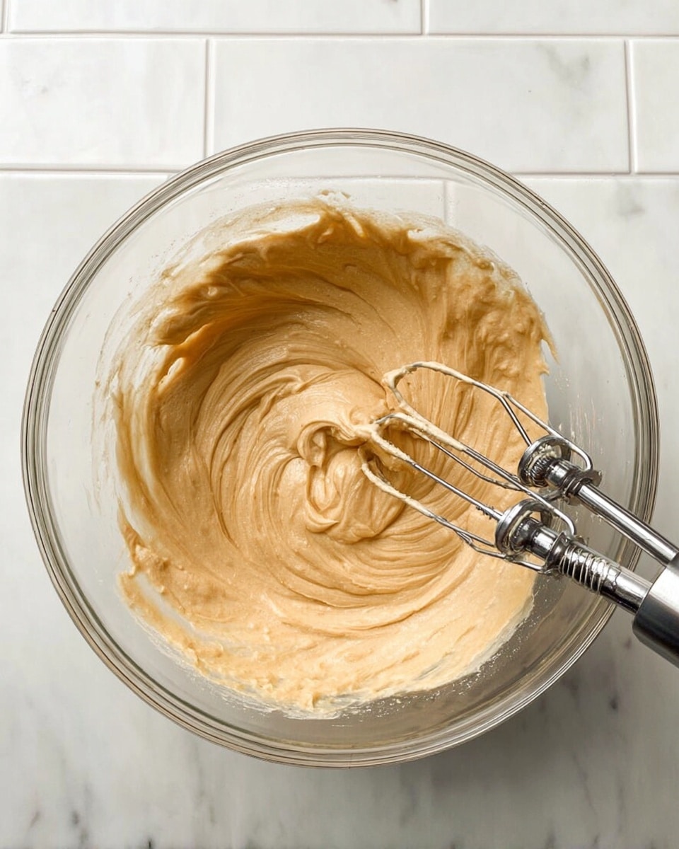A clear glass bowl sits on a white marbled surface filled with light brown thick batter that looks smooth and creamy. Two metal beaters from a silver hand mixer are inside the bowl, partly covered with the batter, and some batter swirls around them. The background shows white tile walls. photo taken with an iphone --ar 4:5 --v 7