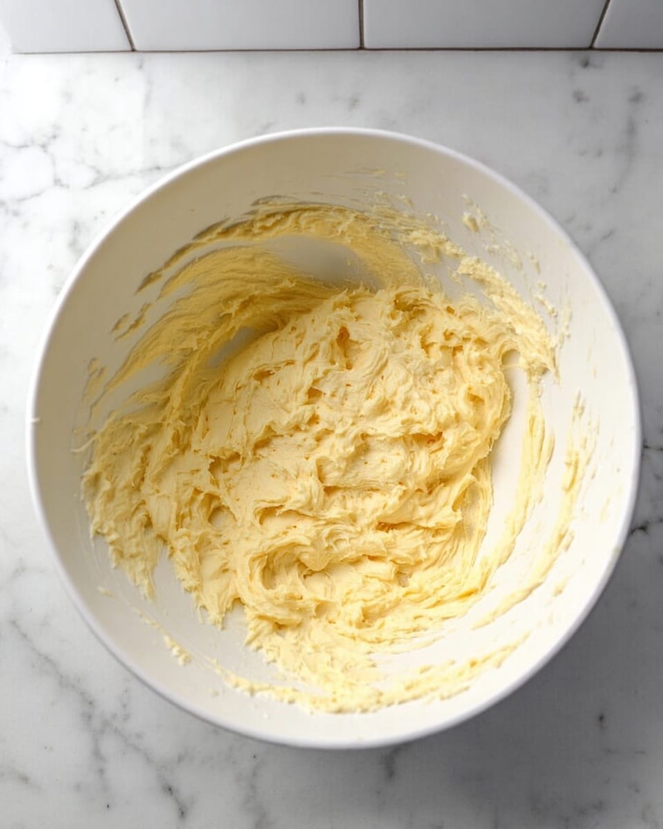 A white bowl holds a thick, creamy mixture with a pale yellow color and a slightly uneven, soft texture that looks like it is being mixed or whipped. The inside walls of the bowl have streaks of the mixture, showing that it has been stirred. The bowl sits on a white marbled surface with white tiles in the background. photo taken with an iphone --ar 4:5 --v 7