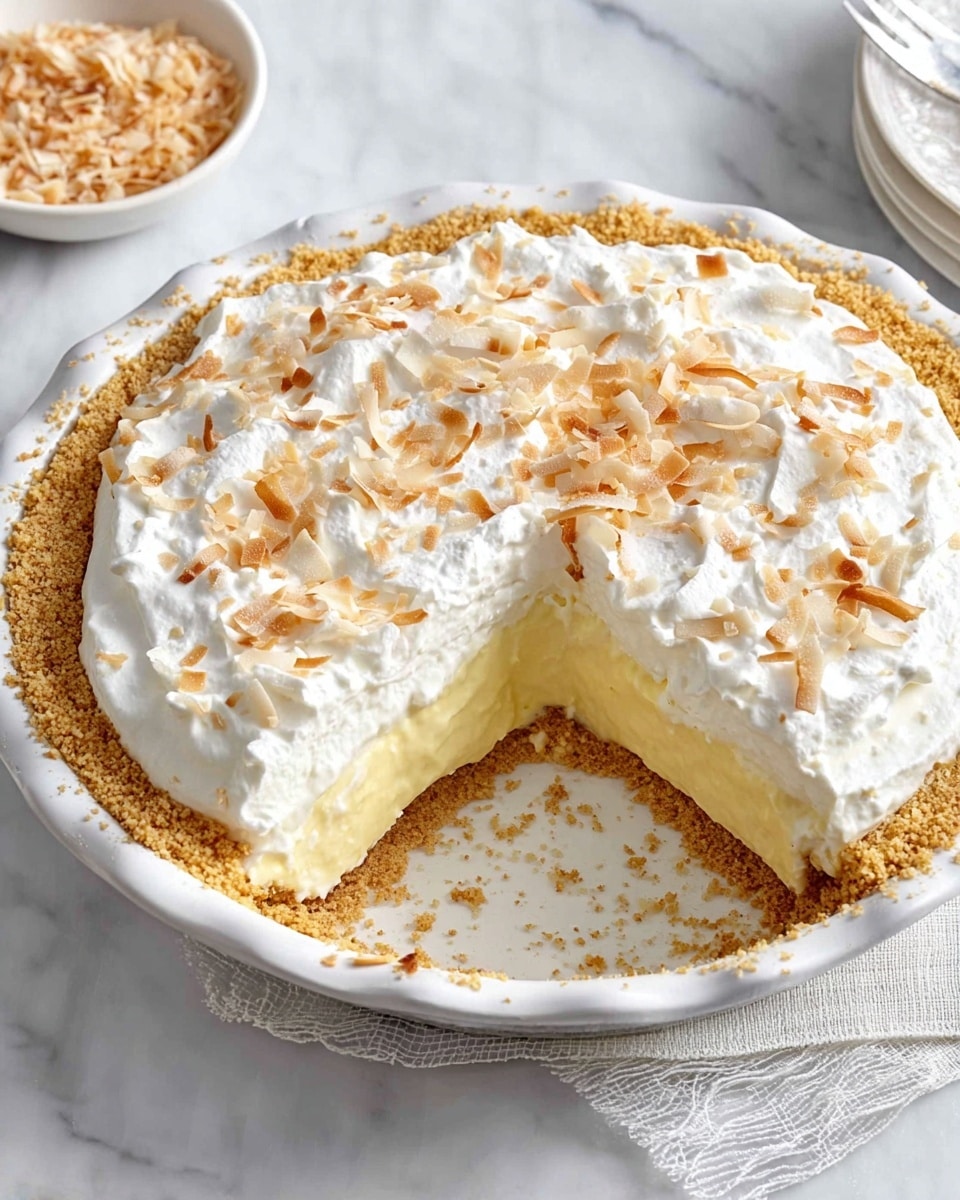 A pie with three visible layers sits in a white pie dish on a white marbled surface. The bottom layer is a golden-brown crumb crust, forming the base and edges. Above the crust is a thick layer of light yellow creamy filling that looks smooth and soft. The top layer is fluffy white whipped topping, spread evenly with a slightly textured surface, sprinkled with small toasted brown coconut flakes. A single slice has been removed, showing the inside of the crust and filling clearly. Next to the pie, there is a small white bowl with more toasted coconut flakes. Photo taken with an iphone --ar 4:5 --v 7