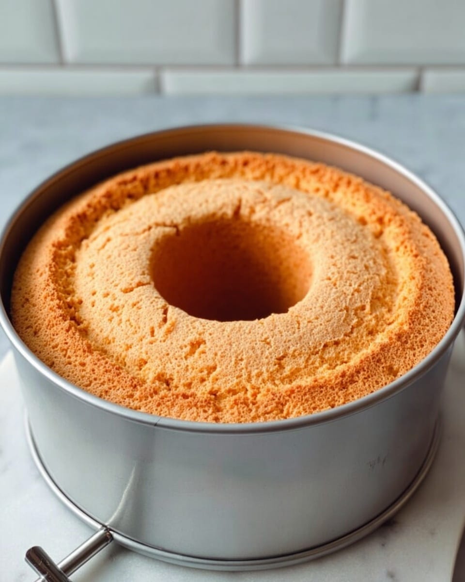 A freshly baked round chiffon cake with a light brown, slightly cracked top sits inside a shiny silver tube pan. The cake has a soft texture and rises up evenly around the central hollow tube. The pan is placed on a white marbled surface with subtle gray veins, and a few metal parts of the pan are visible. The background shows a white tiled wall with clean lines. Photo taken with an iphone --ar 4:5 --v 7
