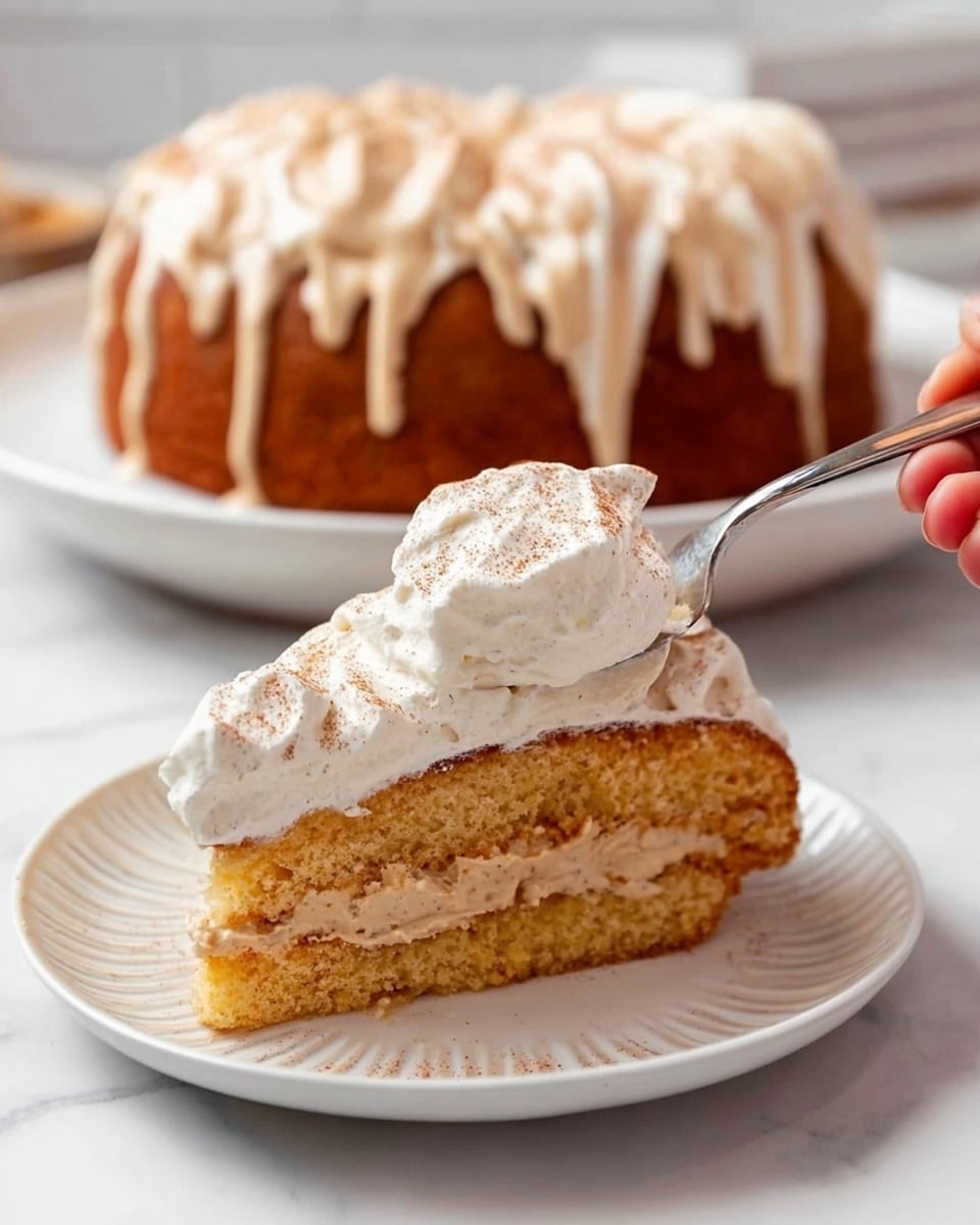 A white plate holds two layers of moist, golden brown cake with a light brown frosting filling between them. A thick, fluffy white whipped topping is piled high over the cake, slightly dusted with light brown powder. A woman's hand holds a fork that lifts a piece of the cake and whipped topping. Behind this plate, there is a whole round cake on a white plate, with the same light brown frosting drizzled evenly on top. The scene is set on a white marbled surface. photo taken with an iphone --ar 4:5 --v 7