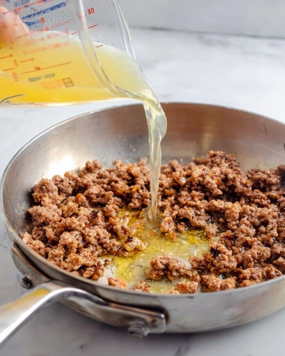 A close-up view of cooked ground meat in a round silver pan with two handles, sitting on a white marbled surface. A clear glass measuring cup with yellowish liquid is being poured into the meat, held by a woman's hand coming from the left side. The cooked meat is brown and crumbly, filling most of the pan with some oil or juices pooling at the bottom. The light reflects softly off the metal pan, enhancing the textures of the meat and liquid. photo taken with an iphone --ar 4:5 --v 7