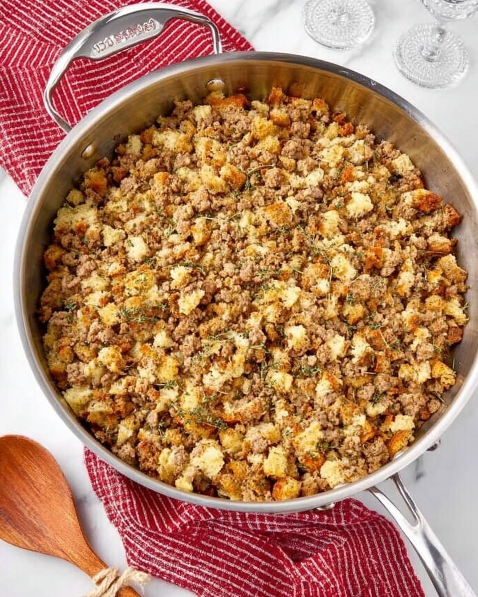 The image shows a large stainless steel pan filled with a mixed cooked dish mostly made of ground meat and small pieces of bread or stuffing that are browned on top. The mixture has various shades of light brown, golden, and tan, creating a crumbly and textured look. The pan is sitting on a white marbled surface, with a red and white checkered cloth partially visible nearby, and two clear glass lids and a wooden spoon with a cinnamon stick resting next to the pan. Photo taken with an iphone --ar 4:5 --v 7