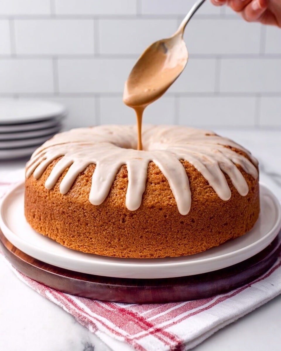 A transparent glass bowl contains a creamy light brown mixture with small darker specks inside, looking smooth and thick. A spoon is held above the bowl by a woman's hand, dripping some of the mixture back into the bowl. In the background, a tall golden brown cake sits on a white plate with a white marbled surface underneath. A red cloth with a striped pattern is placed near the cake. photo taken with an iphone --ar 4:5 --v 7