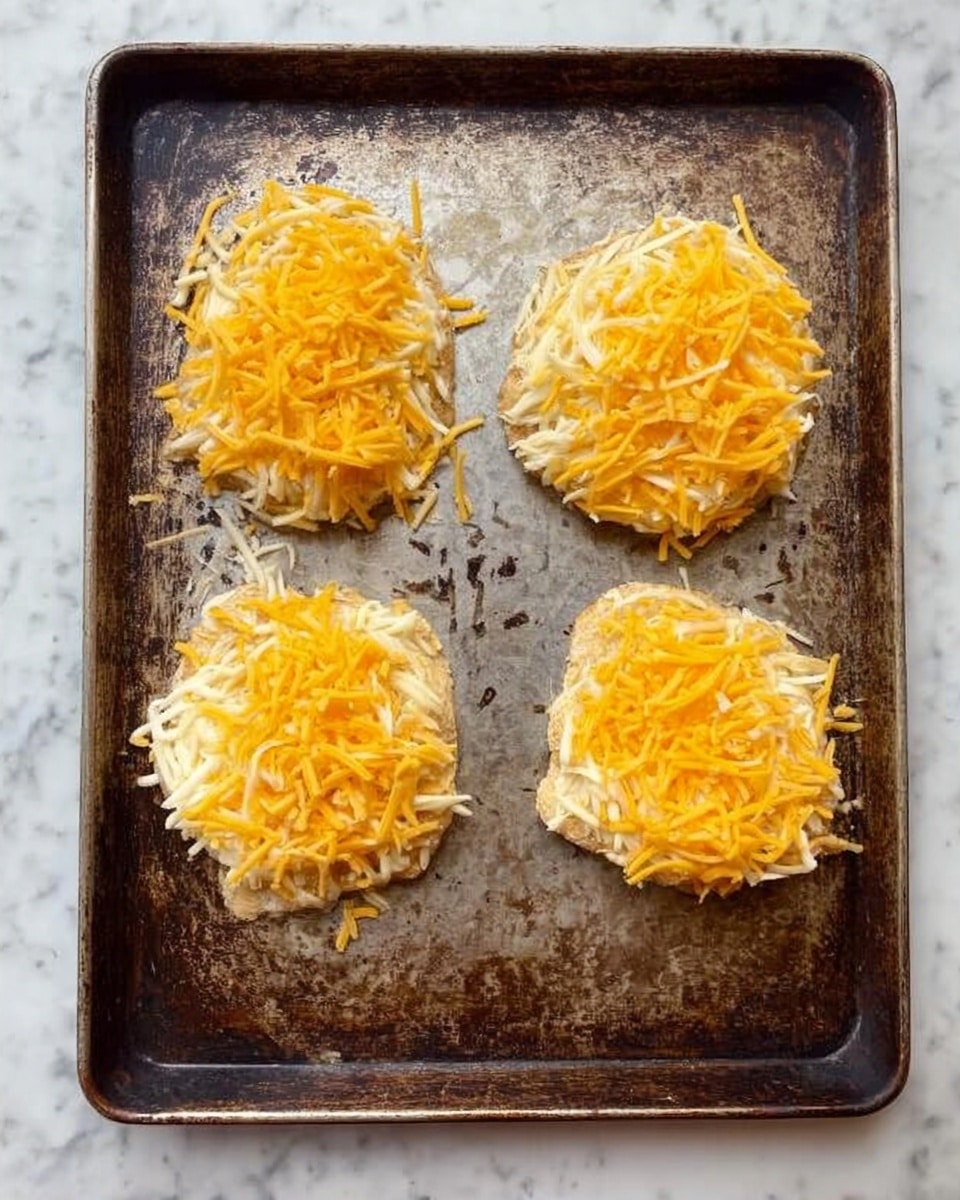 The image shows a worn baking tray with four round portions of shredded cheese placed on it. Each portion is made up of two layers: the bottom layer has a mix of white and light yellow cheese, and the top layer has a bright orange cheese scattered unevenly. The cheeses look fresh, with slightly different strand thickness and textures, and the cheese piles are randomly shaped, not perfectly round. The tray is resting on a white marbled surface. photo taken with an iphone --ar 4:5 --v 7
