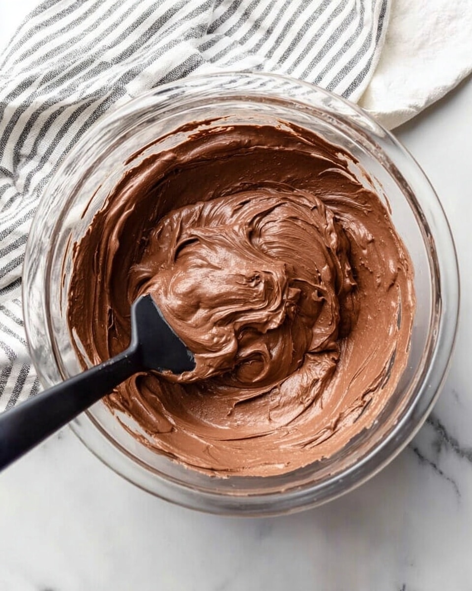 A clear glass bowl filled with a smooth, thick chocolate mixture that has a shiny, creamy texture. The chocolate batter is swirled evenly inside the bowl, showing soft peaks and folds. A black spatula is resting inside the bowl, partially covered in the chocolate mixture. The bowl sits on a white marbled surface, with a cloth featuring white and black stripes placed nearby. Photo taken with an iphone --ar 4:5 --v 7