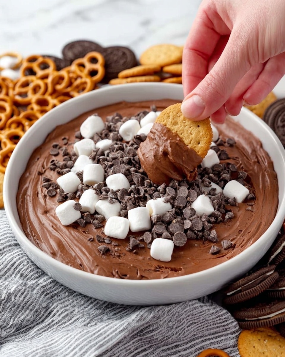 A white bowl filled with creamy, smooth chocolate dip covers most of the frame. On top of the dip, there is a layer of small white marshmallows and dark chocolate chips scattered unevenly, adding texture and contrast. A woman's hand is dipping a small golden cookie into the chocolate dip, showing the thick texture of the dip as it clings to the cookie. Around the bowl, pretzels and chocolate sandwich cookies are arranged on a cloth with a striped pattern, all set on a white marbled surface. photo taken with an iphone --ar 4:5 --v 7