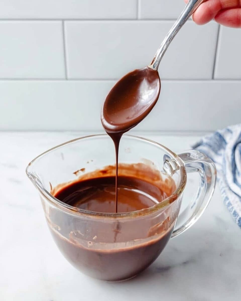 A clear glass measuring cup filled with smooth, thick chocolate sauce with a shiny surface. A silver spoon is held by a woman's hand above the cup with chocolate sauce slowly dripping from it back into the cup. The background and surface are white marble, and behind is a white tiled wall. Photo taken with an iphone --ar 4:5 --v 7