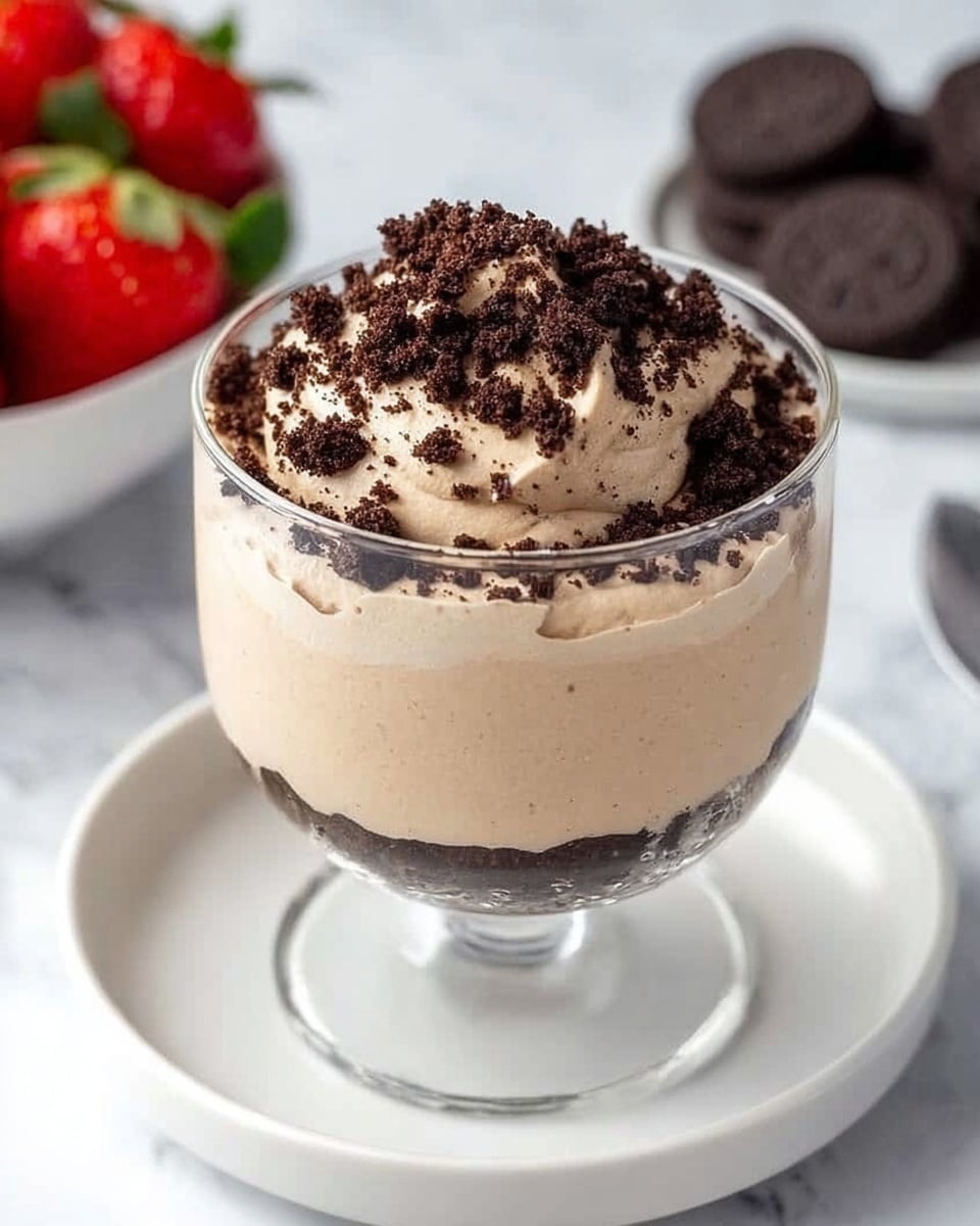 The image shows a clear glass dessert cup filled with two layers: the bottom layer is a smooth, creamy beige mousse, topped with a thick, fluffy beige mousse layer that is sprinkled generously with dark brown crushed cookie crumbs. The glass cup sits on a white plate, placed on a white marbled surface, with blurred red strawberries and whole dark cookies visible in the background. Photo taken with an iphone --ar 4:5 --v 7