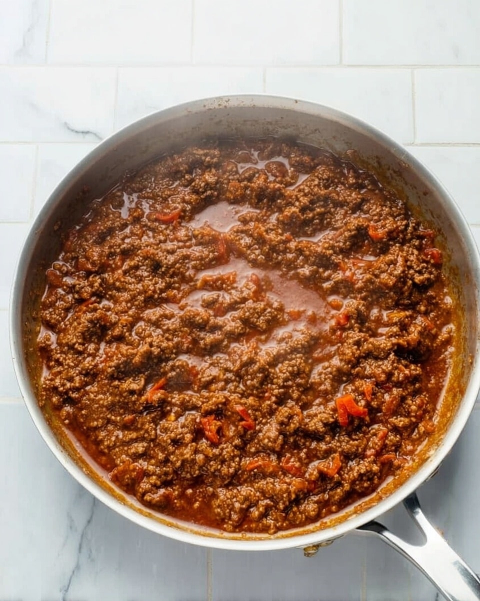The image shows a silver pan filled with rich brown cooked ground meat sauce, with a thick texture and small bits of red peppers visible throughout. The sauce spreads out evenly across the bottom of the pan, with some parts showing a slight shine from the oil and moisture. The pan sits on a white marbled surface, and a white tile backsplash is in the background. There is steam rising gently from the sauce, giving a warm and fresh look. Photo taken with an iphone --ar 4:5 --v 7