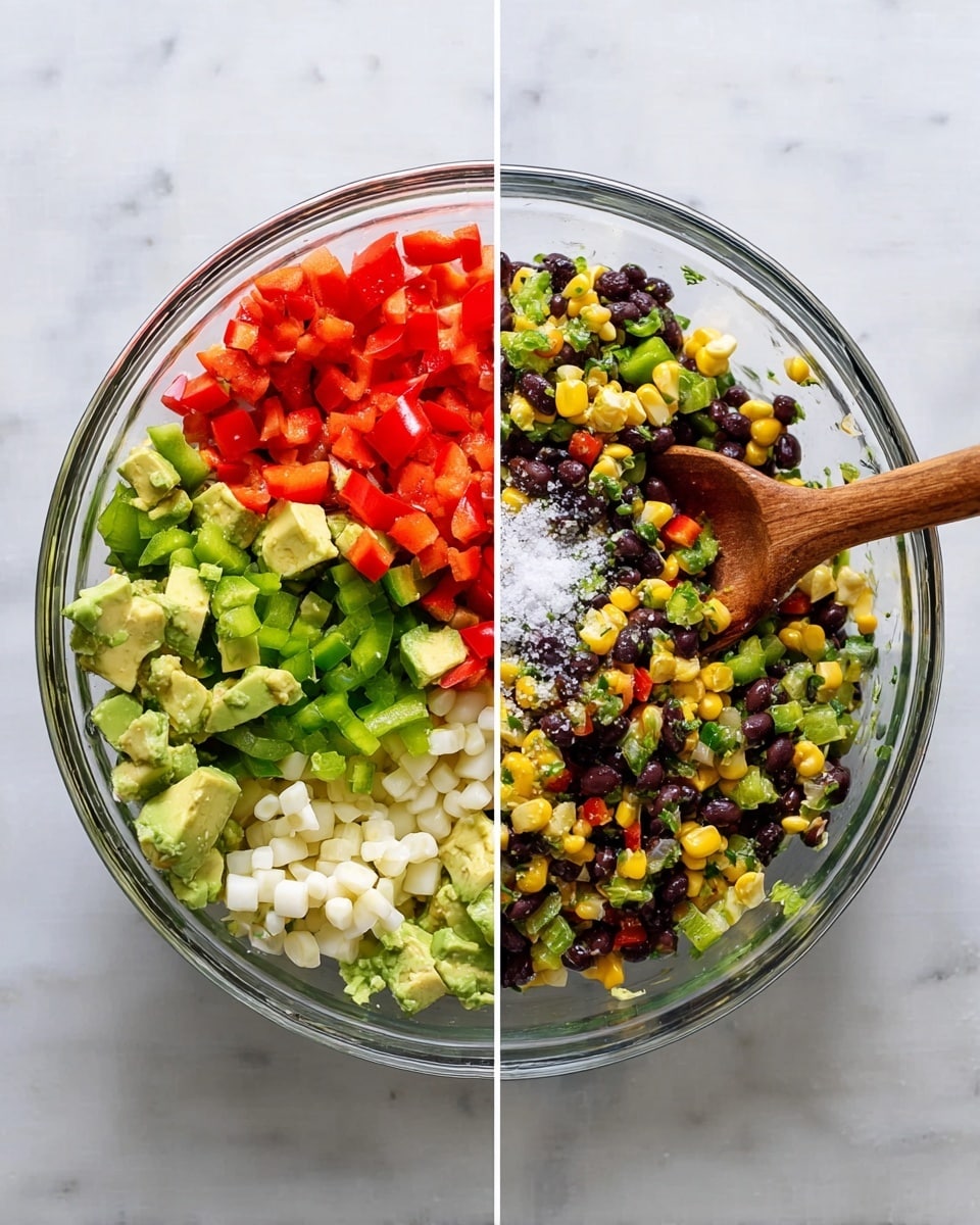 A clear glass bowl contains a colorful mix of diced ingredients arranged in separate sections: bright red bell peppers, green bell peppers, yellow corn, white diced jicama, black beans, chopped avocado, and a sprinkle of salt in the center. In the next image, the ingredients are mixed together showing a vibrant, chunky salad with visible textures of the black beans, corn, avocado, red and green peppers, and jicama. A wooden spoon rests inside the bowl. The bowl sits on a white marbled surface photo taken with an iphone --ar 4:5 --v 7