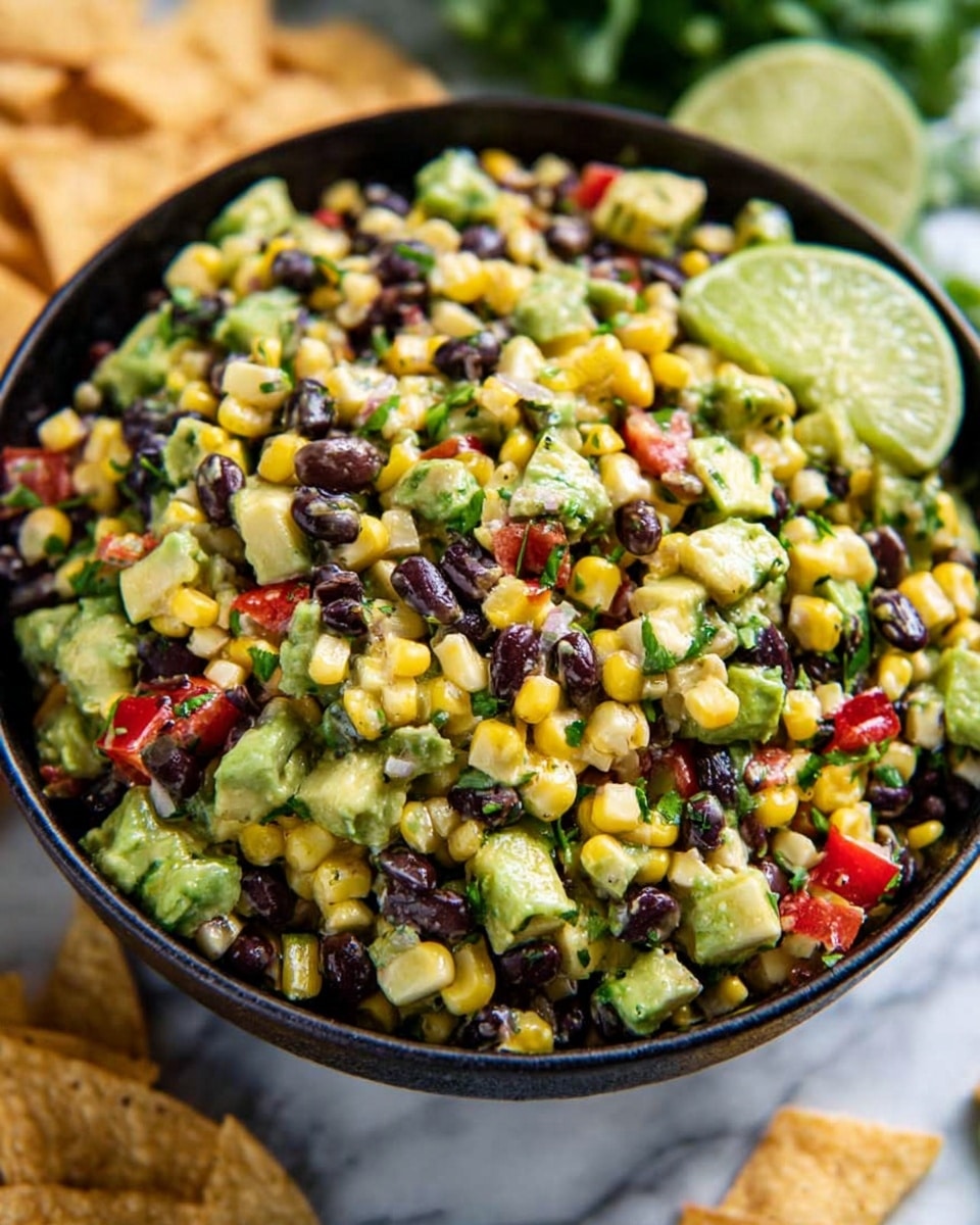A close-up view of a black bowl filled with a colorful salad made of small pieces of yellow corn, black beans, light green avocado, red peppers, and bits of green herbs. There is a lime wedge resting on the top right side of the salad. The bowl is placed on a white marbled surface with some tortilla chips partially visible around the bowl. The colors of the salad are vibrant, showing a mix of yellow, black, green, and red in a fresh, chunky texture. Photo taken with an iphone --ar 4:5 --v 7