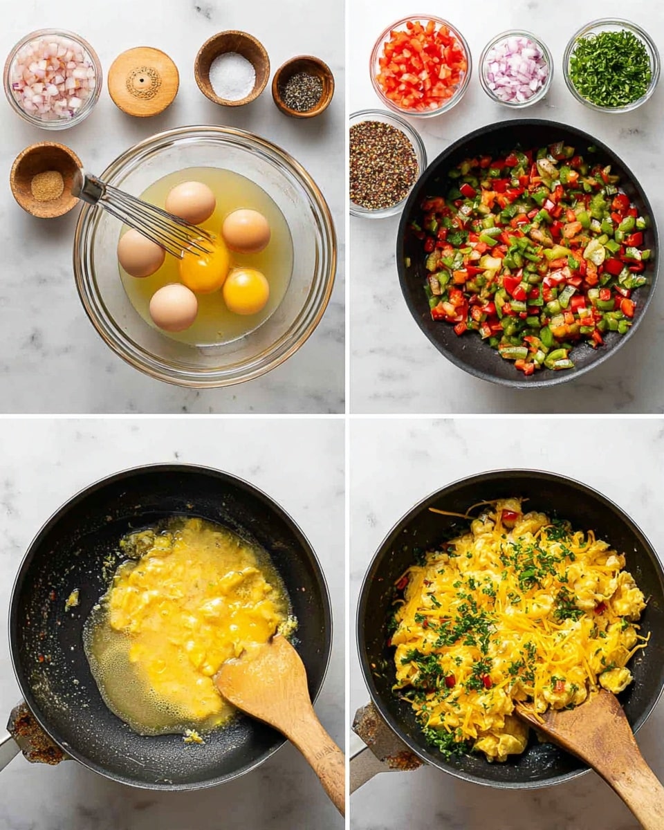 The image is a four-part collage showing the cooking process of a scrambled egg dish with vegetables. The first part shows six raw eggs in a clear glass bowl with a metal whisk inside, on a white marbled surface, with small bowls of chopped onions, tomatoes, and other vegetables around. The second part shows diced green and red peppers and onions in a black pan, sprinkled with salt and pepper, stirred with a wooden spoon. The third part shows the same pan with the beaten egg mix poured over the cooked vegetables, being stirred by the wooden spoon. The final part shows the finished scrambled eggs mixed with vegetables, topped with melted yellow cheese and fresh chopped green herbs in the black pan. Photo taken with an iphone --ar 4:5 --v 7