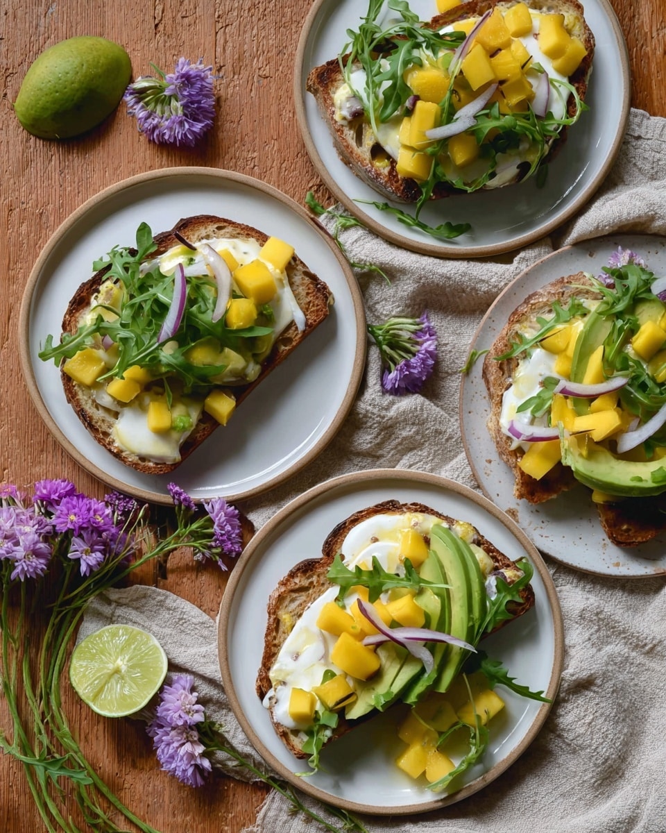 The image shows a white plate with a piece of toasted bread at the bottom, topped with two slices of soft white cheese. On top of the cheese, there are green avocado slices placed on each side, along with small cubes of bright yellow mango scattered around. Around the toppings, there are a few dark green arugula leaves, and thin slices of white onion are placed on top. The toast has some red chili flakes sprinkled over it. The plate is set on a white marbled surface. Photo taken with an iphone --ar 4:5 --v 7