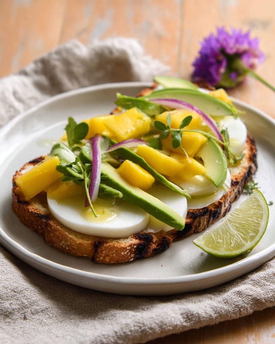 A toasted slice of bread forms the base layer, showing a golden brown with some darker grill marks. On top, there are two thick slices of white cheese, smooth and slightly shiny. Next, there are green avocado slices curved gently across the cheese. Bright yellow mango cubes are scattered on top along with a few thin purple onion rings. Small green leaves are placed among the mango and avocado for color contrast. A wedge of lime sits at the side of the toasted bread on the white plate, which rests on a soft beige cloth and light wooden surface with a small purple flower nearby. Photo taken with an iphone --ar 4:5 --v 7