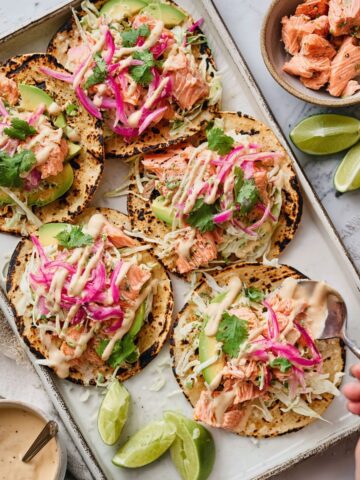 Salmon Taco with Cabbage, Pickled Onions, and Avocado Recipe