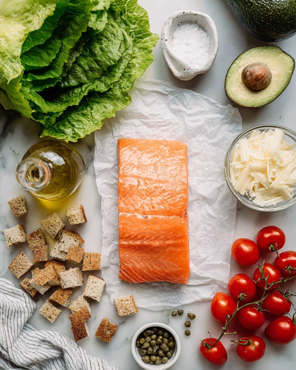 The image shows fresh raw salmon fillet placed at the center on a white plate with a subtle rim. Around it, there are several ingredients neatly arranged on a white marbled surface: a whole purple onion, half an avocado with the seed visible, a stack of yellow corn tortillas topped with green cilantro leaves, and a small wooden bowl filled with creamy sauce. There are white, black, and reddish-brown spices mixed in a small wooden round dish, a small black bowl with white salt, a white cup with light orange liquid, and a glass bottle with clear oil. A fresh green cabbage head and some scattered cilantro sprigs complete the scene. photo taken with an iphone --ar 4:5 --v 7