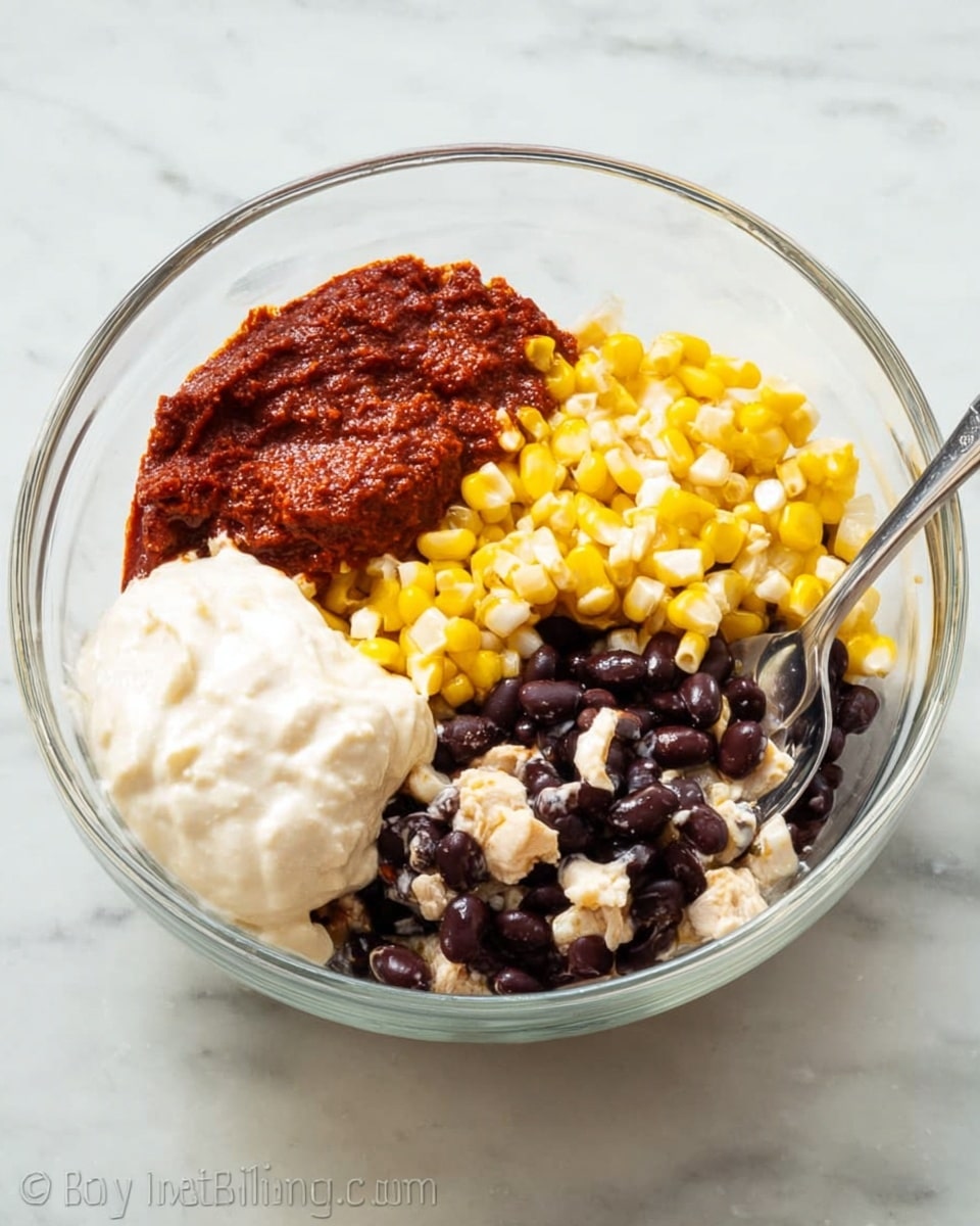 A clear glass bowl holds four main layers of food arranged side by side. On the left is a dark red chunky sauce with a smooth texture, next to it is a bright yellow and white mixture of corn kernels and small pieces of white food. Below these two layers is a pile of shiny black beans mixed with small white chunks, possibly chicken. There is a spoon resting on the right side of the bowl, with a dollop of thick white cream near the edge. The bowl sits on a white marbled surface. Photo taken with an iphone --ar 4:5 --v 7