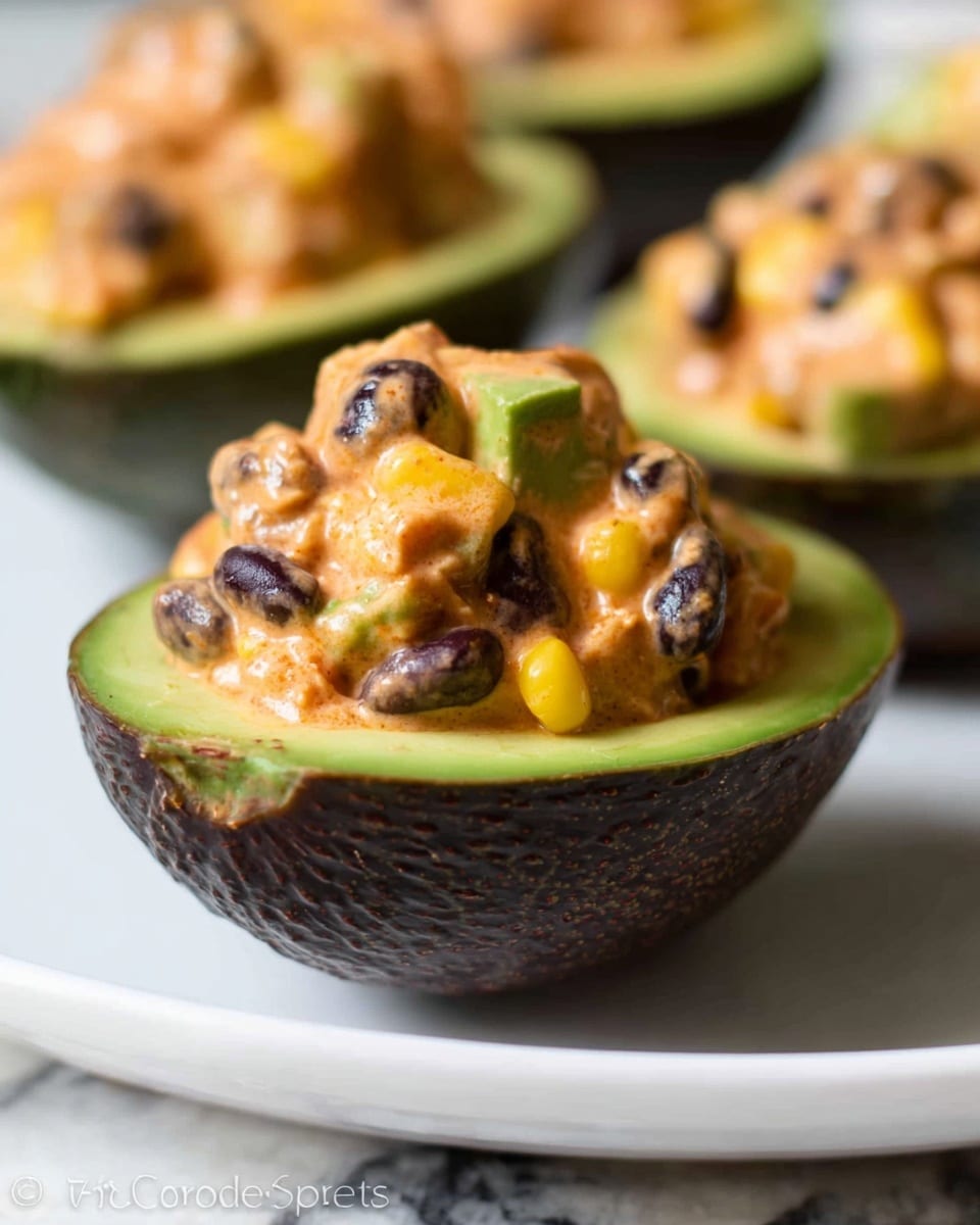 A halved avocado with dark green, bumpy skin and bright green smooth flesh is placed on a white plate with a white marbled background. The hollow of the avocado is filled with a chunky mixture that looks creamy and thick, containing orange-colored cubes, small black beans, and some yellow corn kernels mixed with a light orange sauce. The avocado half sits firmly on the plate, and in the blurry background, more avocado halves filled with the same mixture can be seen. photo taken with an iphone --ar 4:5 --v 7
