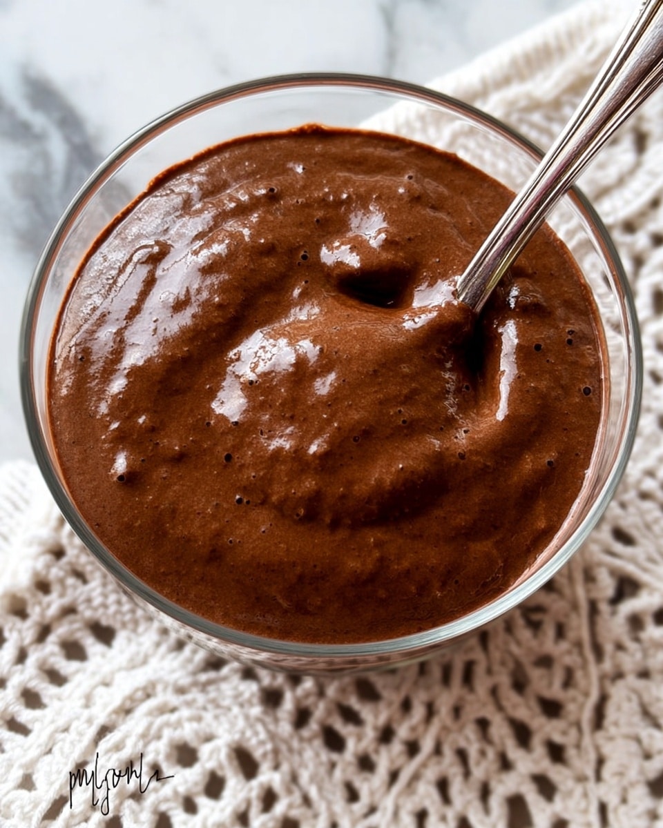 A close-up view of a small clear glass bowl filled with thick, smooth chocolate mousse showing a rich dark brown color and creamy texture, with a silver spoon dipped into the mousse resting inside the bowl. The bowl sits on a white marbled surface with a white crocheted cloth partially visible underneath. The mousse surface has some light reflections and small air bubbles, making it look soft and airy. Photo taken with an iphone --ar 4:5 --v 7
