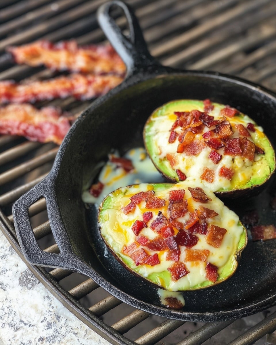 Two halves of avocado with green skin and light green flesh are in a black cast iron pan; each half is filled with melted pale yellow cheese and topped with small crispy red and brown bacon pieces. The pan rests on a metal grill grate with some cooked bacon strips nearby. The background is a white marbled texture. photo taken with an iphone --ar 4:5 --v 7