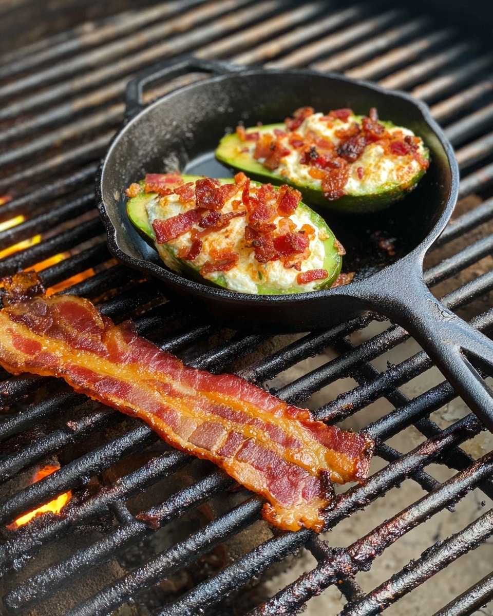 The image shows two green avocado halves in a small black cast iron pan on a grill. Each avocado half is filled with a creamy white layer, topped with a scattering of small, crispy, reddish-brown bacon pieces. Next to the pan, two strips of cooked, crispy bacon lie directly on the grill grates. The grill is dark and has some brown and black charred spots, with the whole scene shown on a white marbled texture surface. Photo taken with an iphone --ar 4:5 --v 7