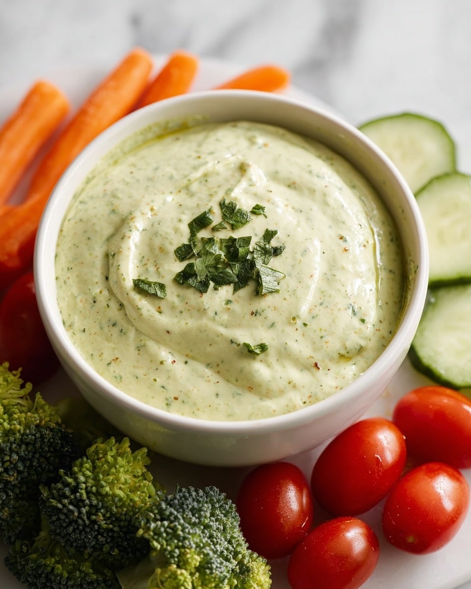 A white bowl filled with a thick, creamy pale green sauce topped with small chopped dark green herbs in the center. Around the bowl, there are shiny red cherry tomatoes, some bright orange baby carrots, fresh green broccoli florets, and a slice of cucumber with pale green flesh and dark green skin. All of this is placed on a white marbled surface. photo taken with an iphone --ar 4:5 --v 7