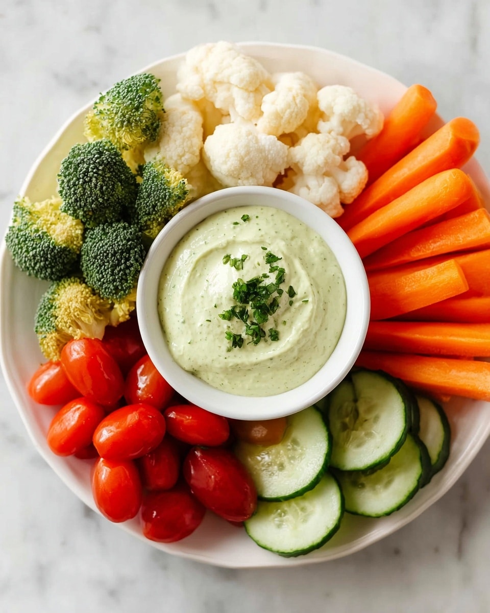 A white plate with a circle of fresh vegetables arranged around a small white bowl of creamy green dip topped with chopped herbs in the center. Starting from the top and moving clockwise, there are green broccoli florets with a bumpy texture, white cauliflower pieces with a rough surface, bright orange baby carrots with smooth skins, thin round slices of light green cucumber showing seeds in the center, and shiny red grape tomatoes clustered at the bottom left. The plate rests on a white marbled surface. Photo taken with an iphone --ar 4:5 --v 7