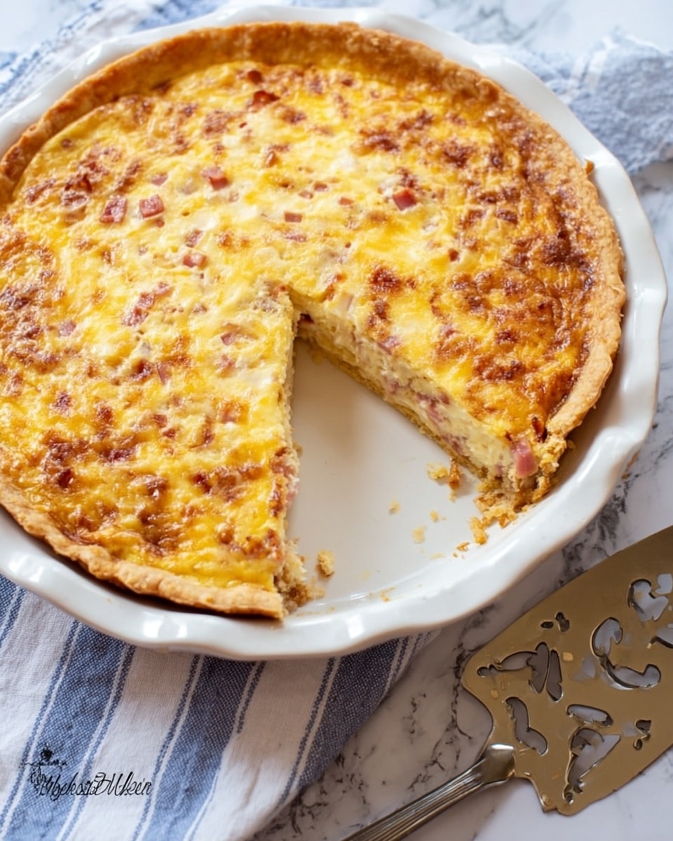 A baked quiche with a golden brown crust sits on a white plate with scalloped edges, placed on a white marbled surface with a blue and white striped cloth underneath. The quiche's top layer is a textured, melted cheese with a pale yellow color mixed with bits of pink ham and light brown baked eggs just beneath the surface. One wedge of the quiche has been removed, showing the thickness of the layers with a crumbly crust at the bottom and the soft, cheesy egg filling above it. To the right of the plate, there is a silver pie server with decorative cutout designs resting on the cloth. photo taken with an iphone --ar 4:5 --v 7