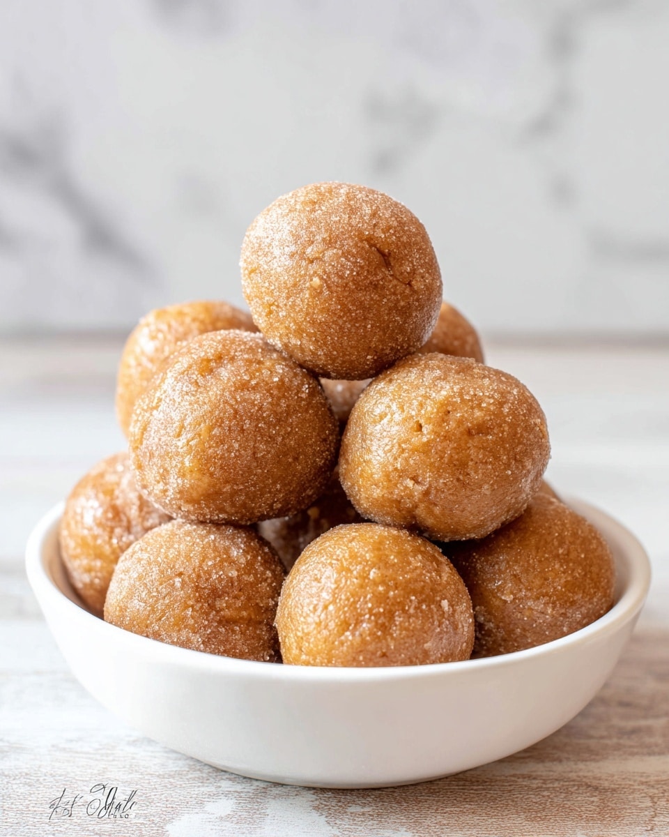 A white bowl filled with a pyramid of seven small, round balls of brown dough. Each ball has a slightly rough texture with small cracks and a sugar-like coating that gives a shiny look. The balls are stacked closely, three at the bottom, three in the middle, and one on top. The background shows a white marbled surface, giving a clean and bright feel. photo taken with an iphone --ar 4:5 --v 7