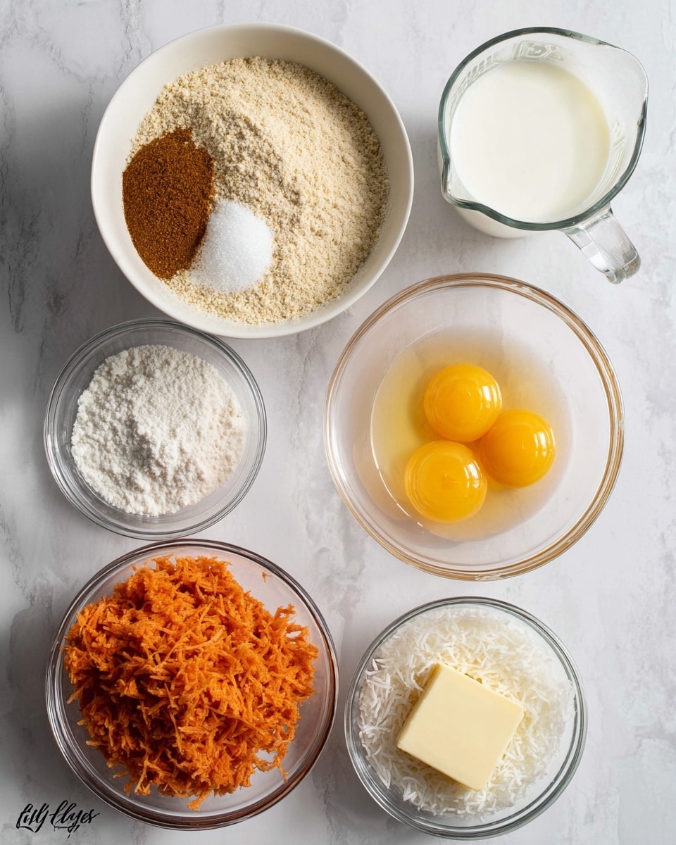 The image shows six bowls and a small glass dish arranged on a white marbled surface. The largest white bowl holds a mix of dry ingredients with four layers visible: a light beige grainy layer covering most of the bowl, a medium brown ground spice on the left, a white granulated pile on the bottom left, and a small white powdery pile on the bottom right. A smaller white bowl below contains shredded orange carrots. To the right are three clear glass bowls and a dish: one bowl with two raw eggs showing bright yellow yolks in clear whites, a bowl of shredded white coconut, a small glass dish with a square piece of pale yellow butter, and a glass measuring cup holding white milk. The bowls are spaced evenly and the photo is taken from above. photo taken with an iphone --ar 4:5 --v 7