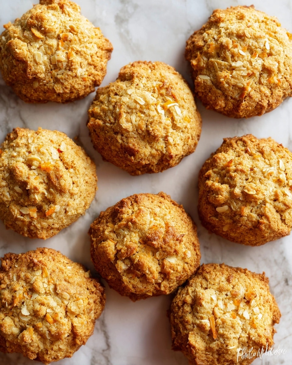 The image shows seven round cookies arranged on a white marbled surface. Each cookie is golden brown with a rough, crumbly texture and bits of orange and white pieces visible throughout. The cookies have uneven tops, with small cracks and crevices giving them a homemade look. The lighting is natural, highlighting the warm colors and coarse texture of the cookies. photo taken with an iphone --ar 4:5 --v 7